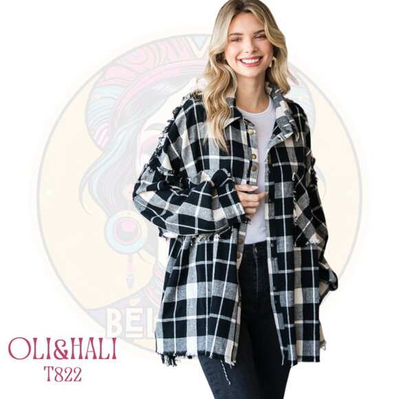 T822 OLI & HALI Black White Fringe Back Plaid Button Up Shacket - Picture 1 of 2